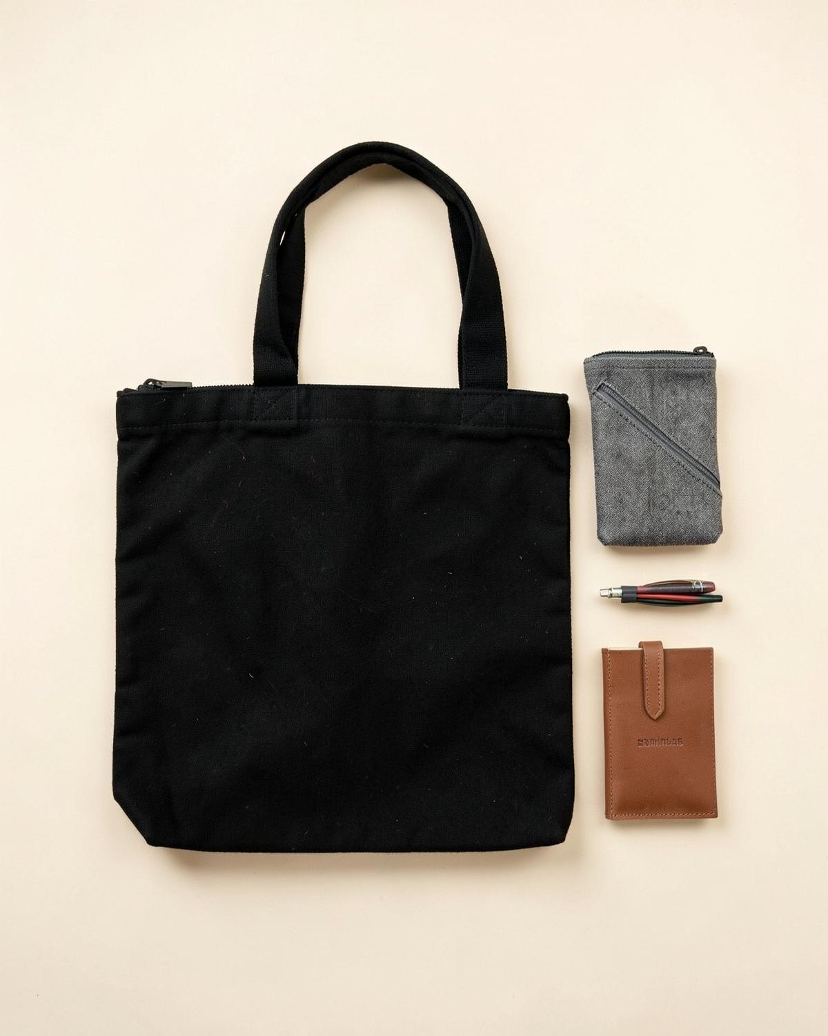 Sac de travail noir, pochette à câbles et porte-cartes disposés à plat