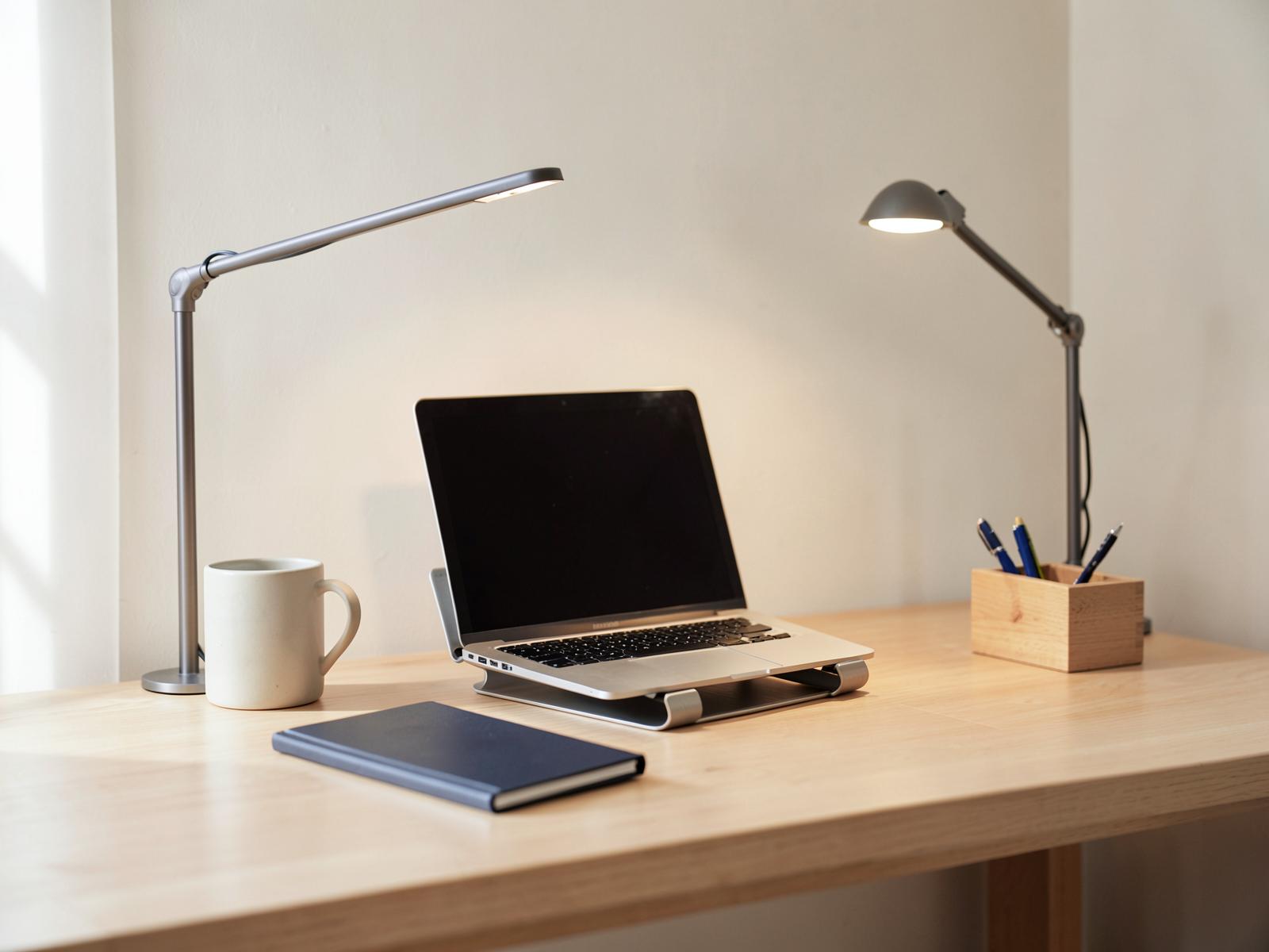Bureau en bois clair avec un ordinateur portable sur support, un carnet, une lampe et un mug