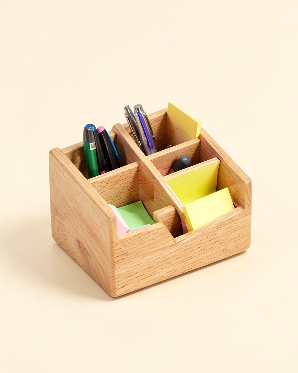 Organiseur de bureau en bois clair avec compartiments pour stylos et notes